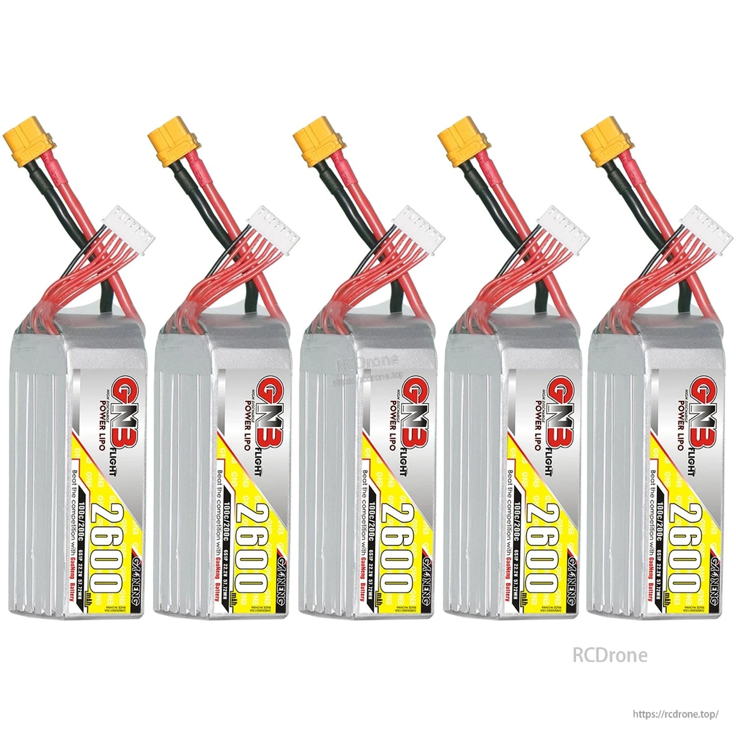 Five-pack bundle image of GNB 2600mAh LiPo batteries lined up with XT60 plugs and balance connectors