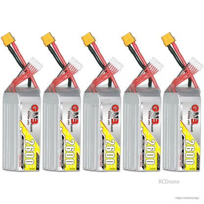 Five-pack bundle image of GNB 2600mAh LiPo batteries lined up with XT60 plugs and balance connectors