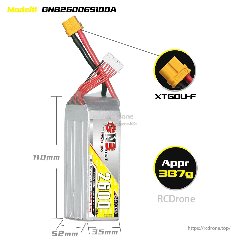 Battery dimensions and connector diagram showing XT60U-F plug, approx 387g weight, 110×52×35mm