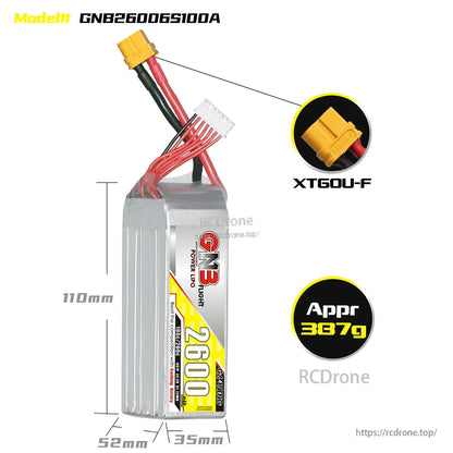 Battery dimensions and connector diagram showing XT60U-F plug, approx 387g weight, 110×52×35mm