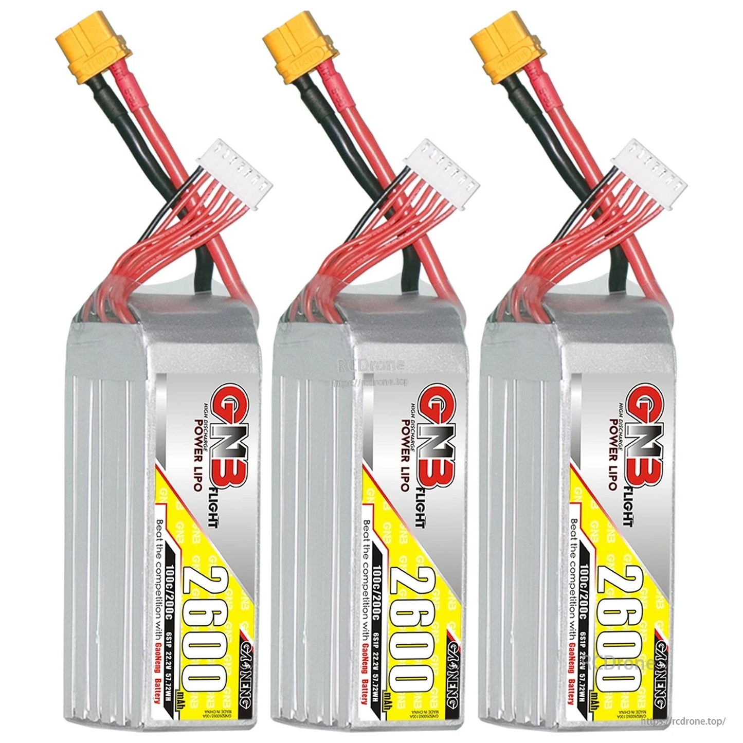 Three-pack bundle image of GNB 2600mAh LiPo batteries with XT60 power leads and balance plugs