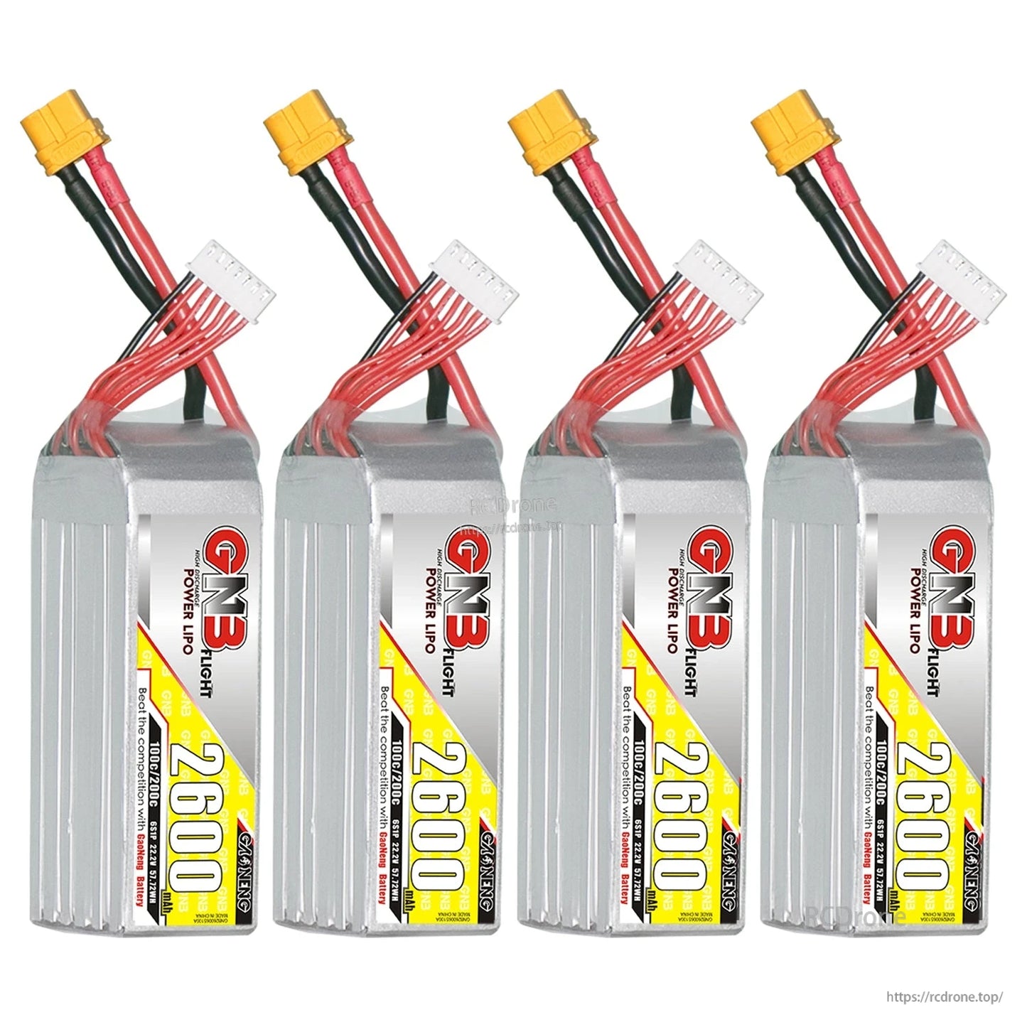Four-pack bundle image of GNB 2600mAh LiPo batteries with XT60 connectors and balance leads