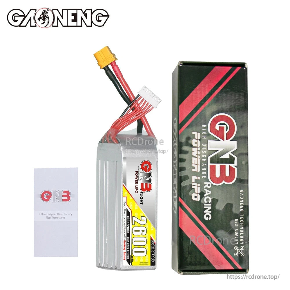Package contents: GNB 2600mAh LiPo battery with retail box and included leaflet/manual