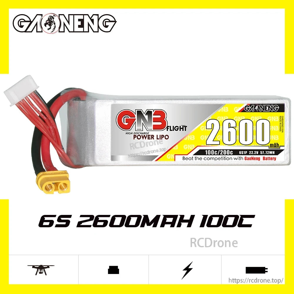 GAONENG GNB 6S 22.2V 2600mAh 100C LiPo Battery side label close-up showing 100C/200C rating