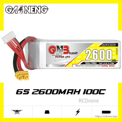 GAONENG GNB 6S 22.2V 2600mAh 100C LiPo Battery side label close-up showing 100C/200C rating