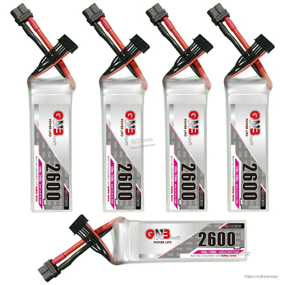 Five GAONENG GNB 2600mAh LiPo batteries set, four upright plus one horizontal showing label and leads