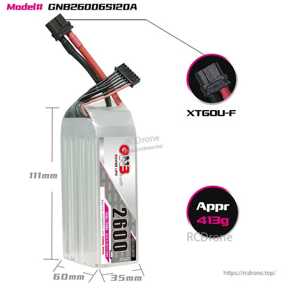 Battery dimensions diagram for GNB26006S120A with XT60U-F connector close-up and approx 413g weight