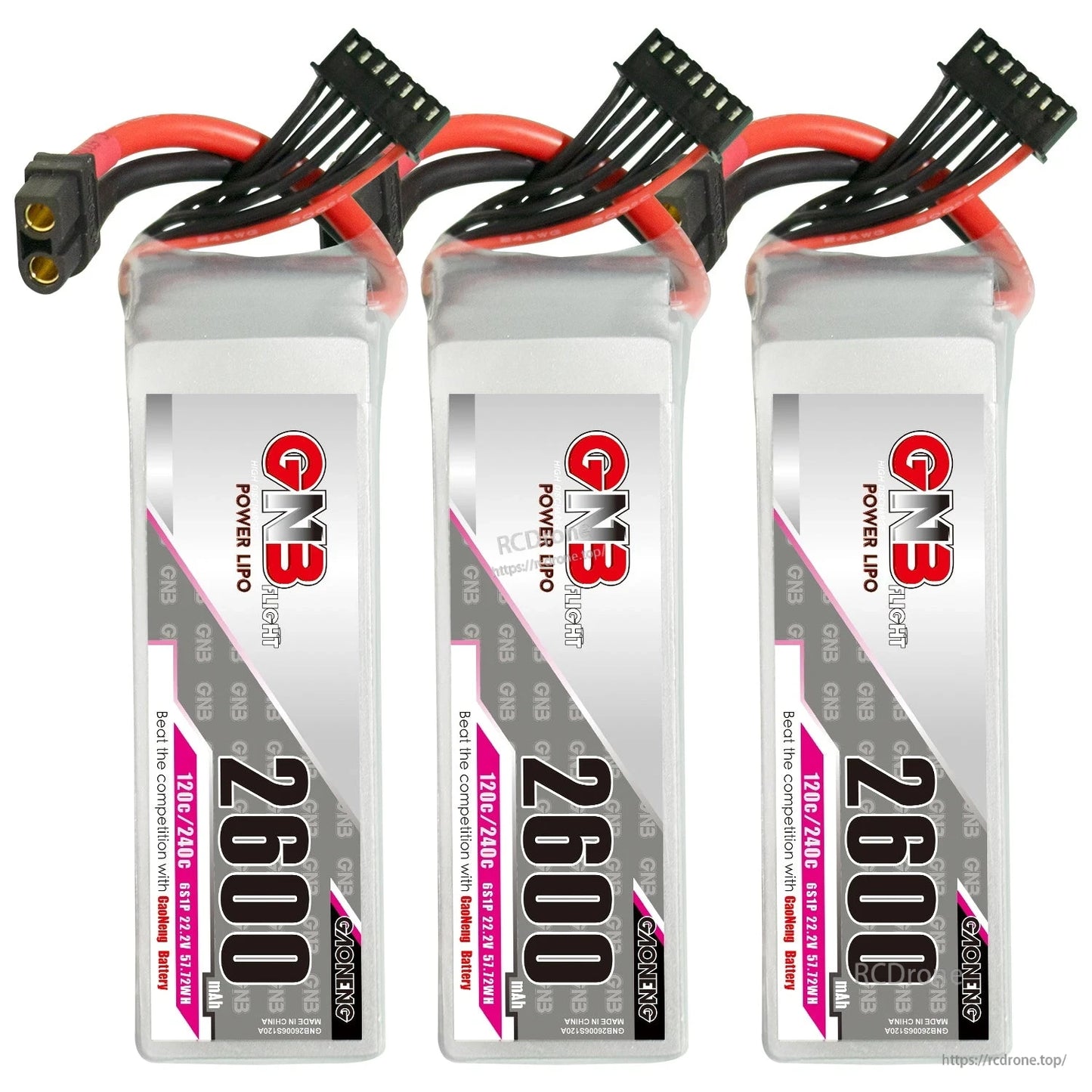 Three-pack lineup of GAONENG GNB 2600mAh LiPo batteries standing upright with leads on top
