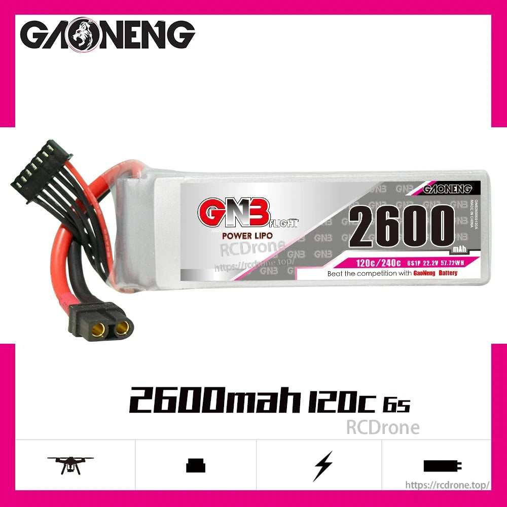 GAONENG GNB 6S 22.2V 2600mAh 120C LiPo battery promotional graphic with product centered