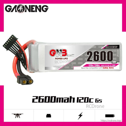 GAONENG GNB 6S 22.2V 2600mAh 120C LiPo battery promotional graphic with product centered
