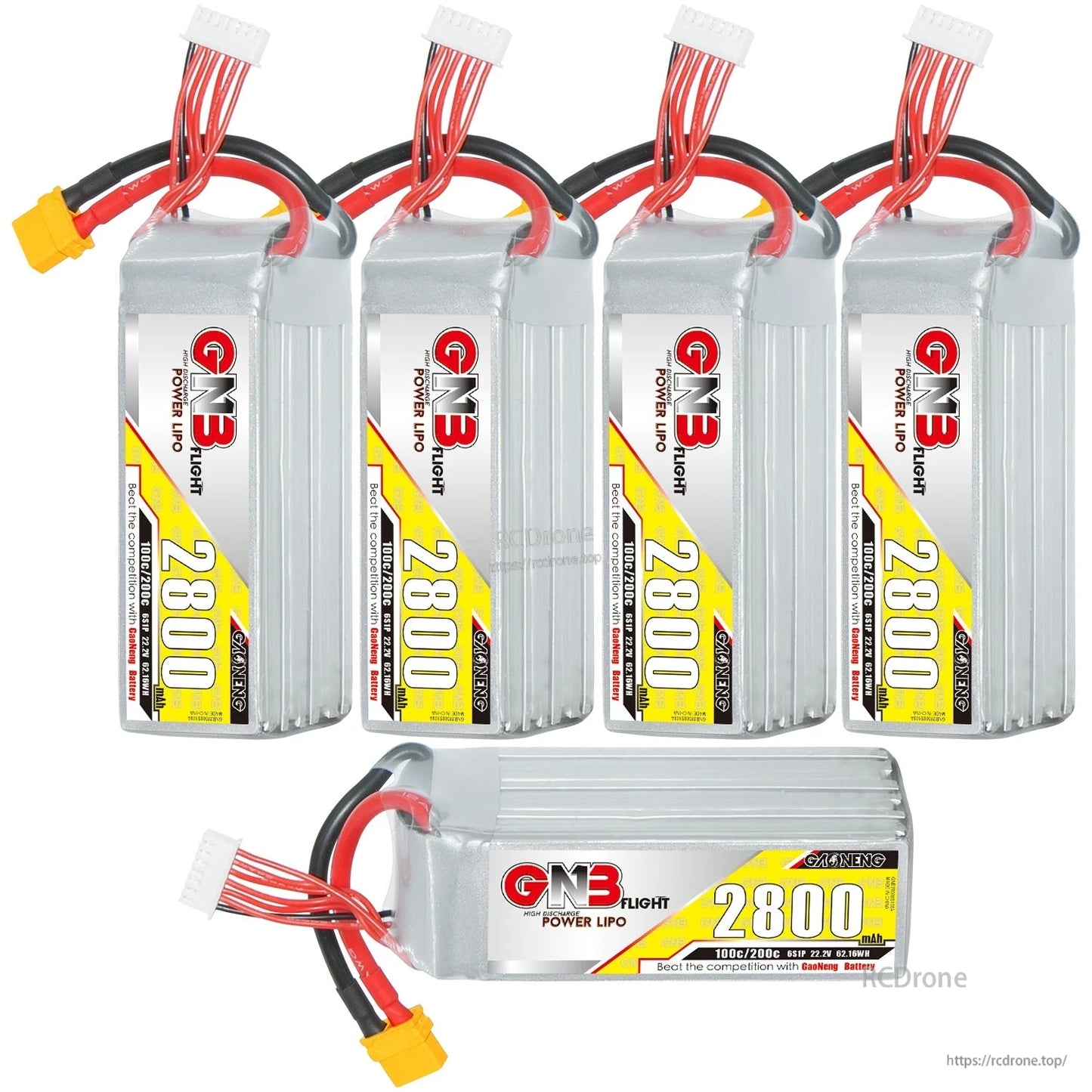 Five GNB 2800mAh LiPo batteries group photo with one battery shown in side label view