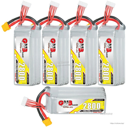 Five GNB 2800mAh LiPo batteries group photo with one battery shown in side label view