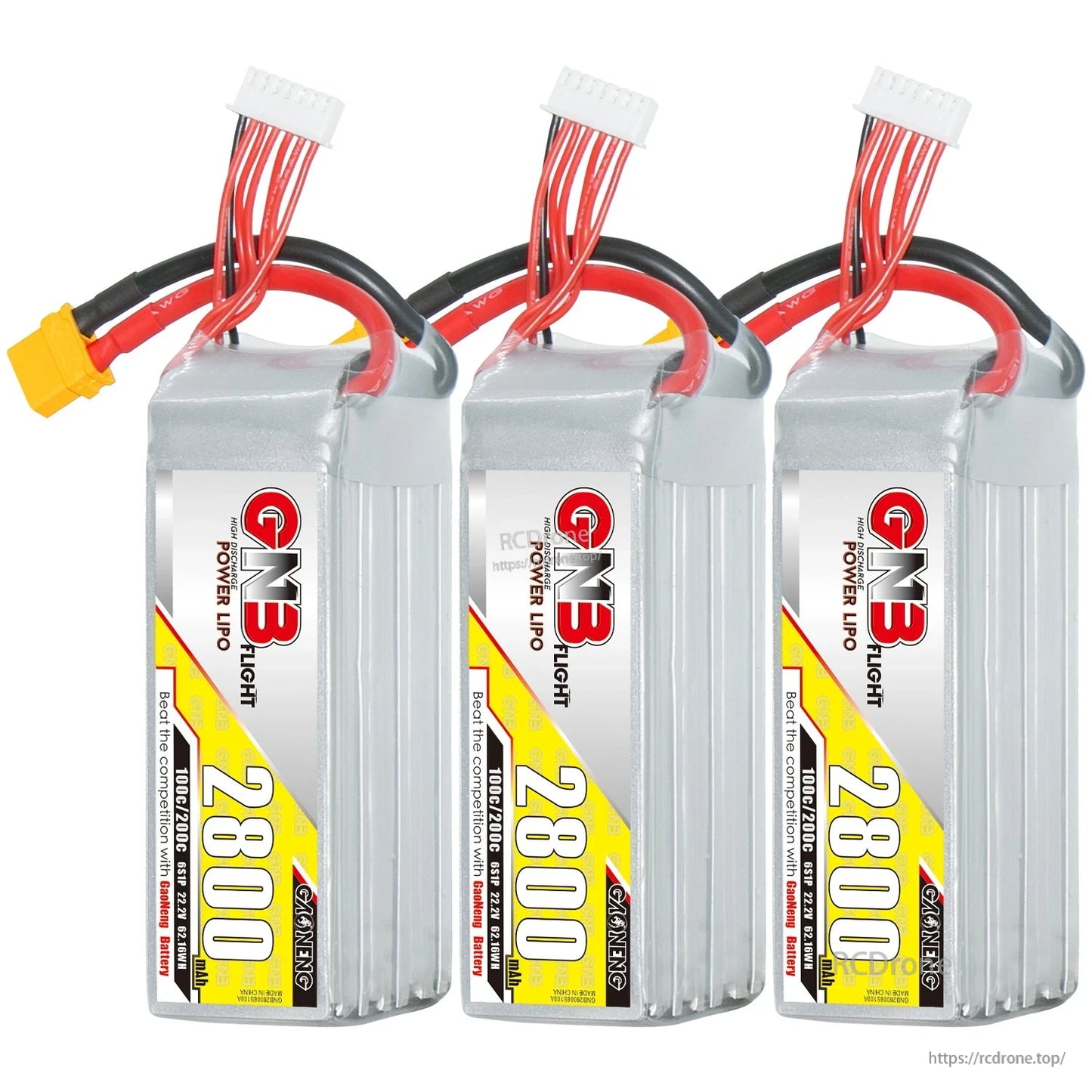 Three GNB 2800mAh LiPo batteries shown upright with XT60 connectors and balance leads
