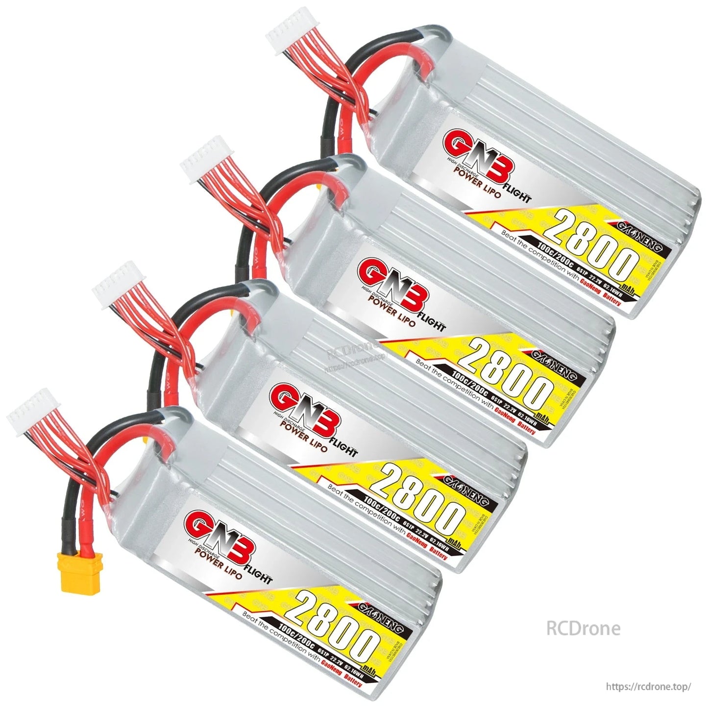 Four GNB 2800mAh LiPo batteries stacked at angle showing labels and balance connectors