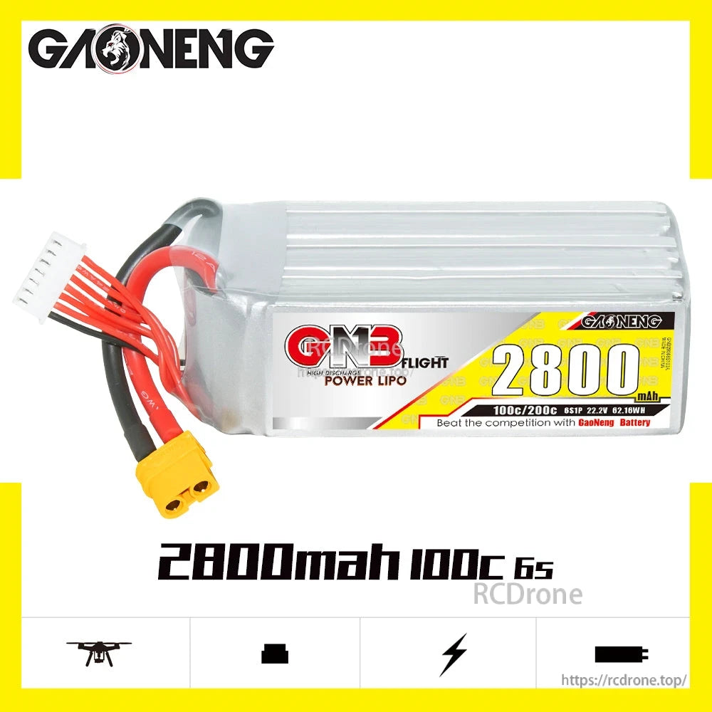 GAONENG GNB 6S 22.2V 2800mAh 100C LiPo battery spec graphic with product photo