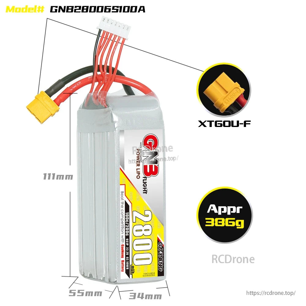 Battery dimensions diagram with XT60U-F connector callout and approximate weight badge