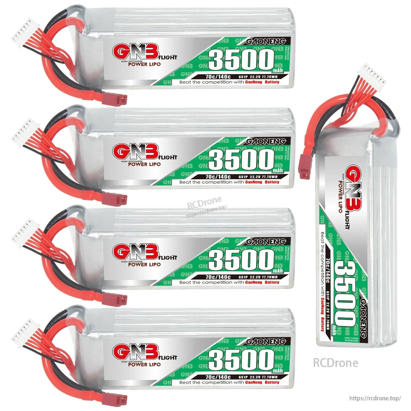 Set of four horizontal batteries plus one upright GNB 3500mAh pack, showing label and connectors