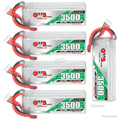 Set of four horizontal batteries plus one upright GNB 3500mAh pack, showing label and connectors