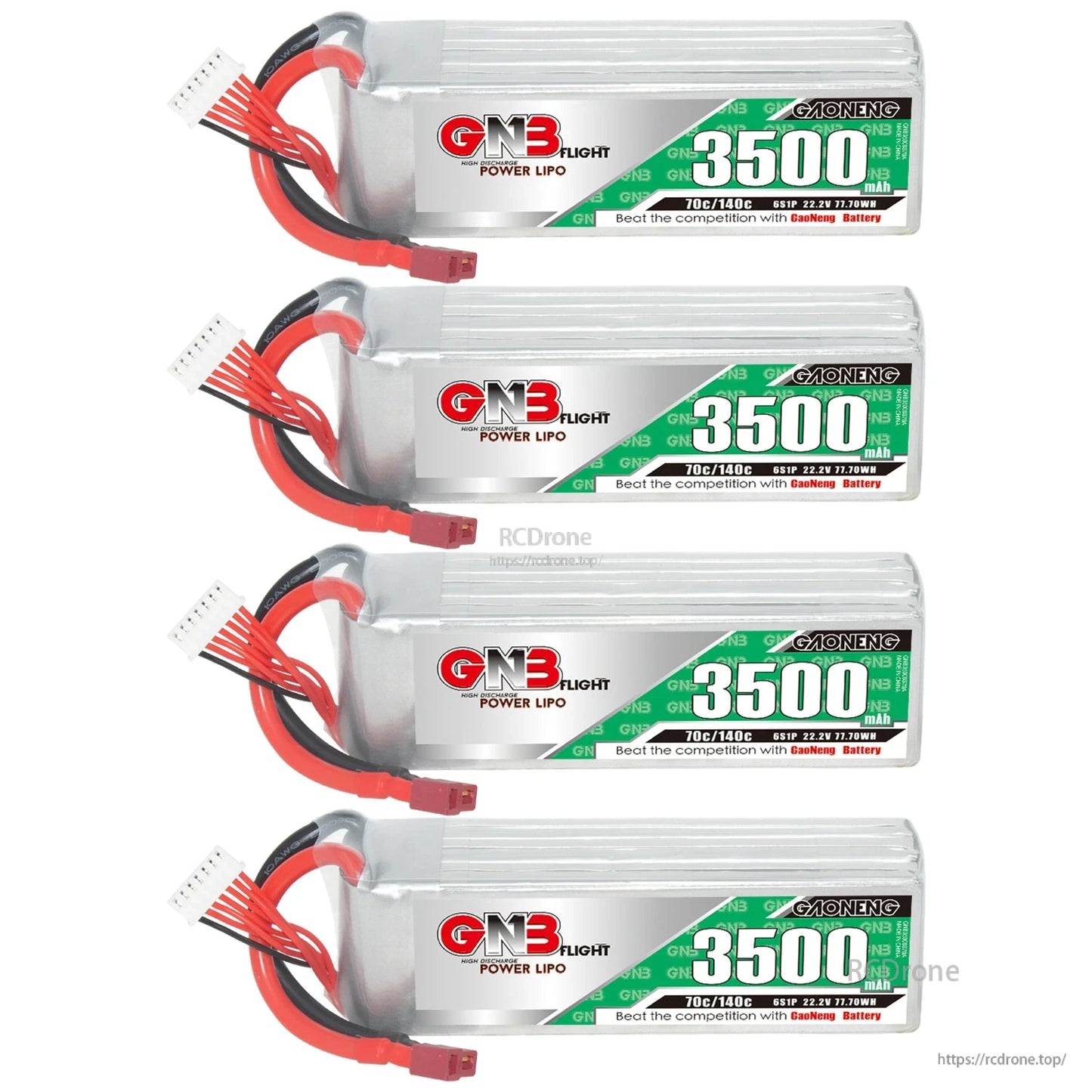 Four GNB 3500mAh LiPo batteries stacked vertically, each with balance lead and T-plug connector