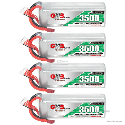 Four GNB 3500mAh LiPo batteries stacked vertically, each with balance lead and T-plug connector