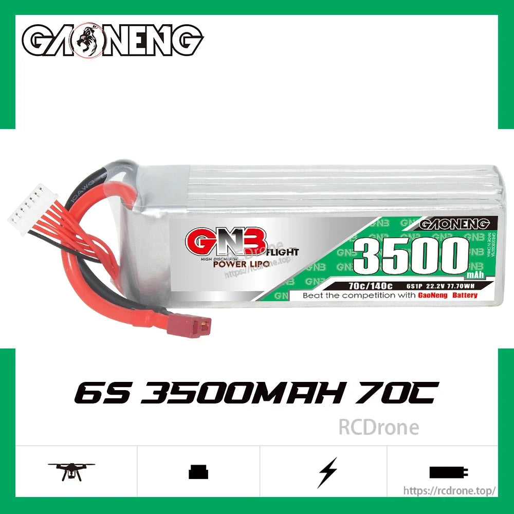 GAONENG GNB 6S 22.2V 3500mAh 70C LiPo battery side label view, 6S 3500mAh 70C graphic