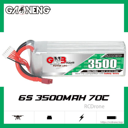 GAONENG GNB 6S 22.2V 3500mAh 70C LiPo battery side label view, 6S 3500mAh 70C graphic