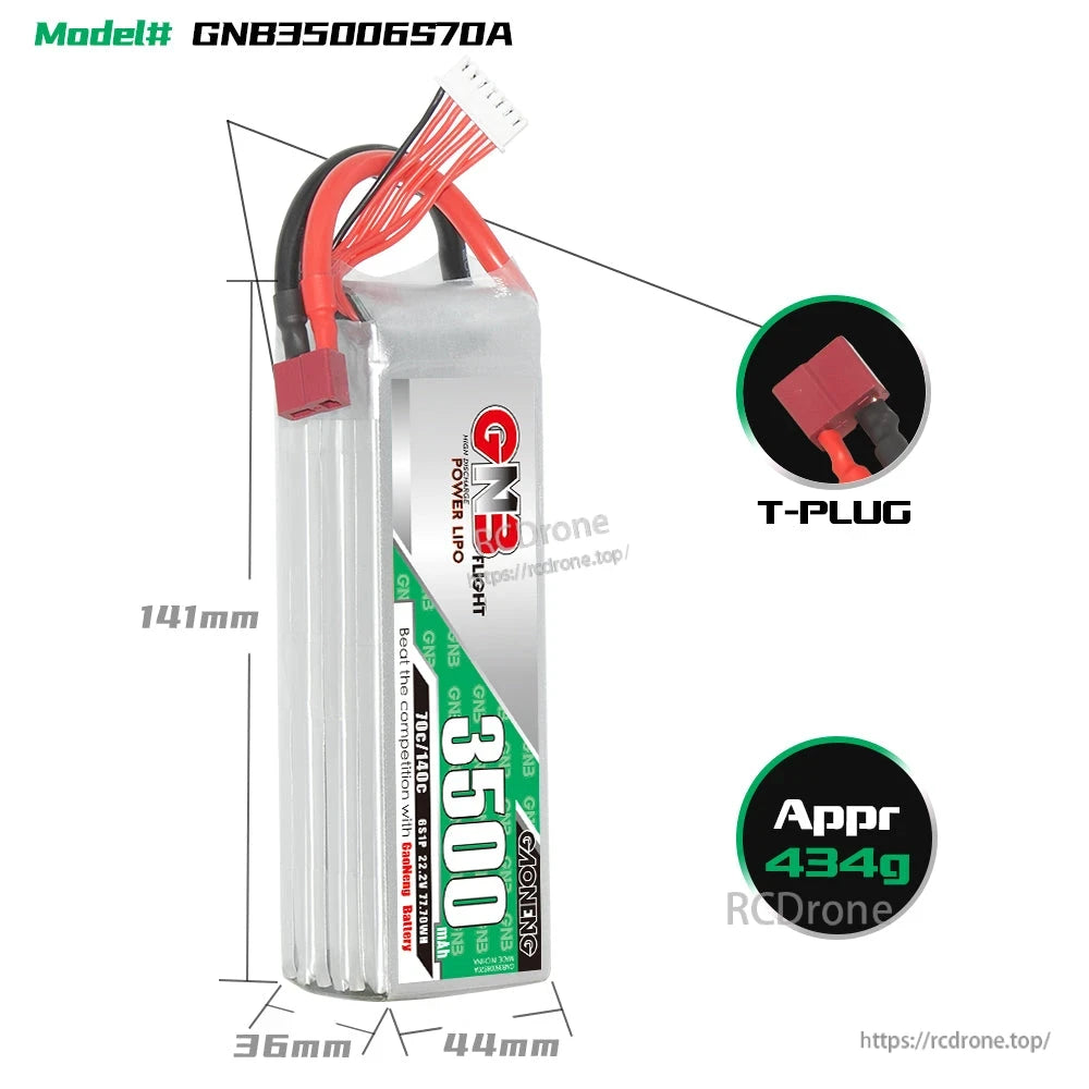 Battery dimensions diagram with T-plug close-up, model GNB35006S70A, approx 434g weight shown