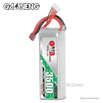Upright view of GNB 3500mAh LiPo battery showing front label and attached balance lead and T-plug