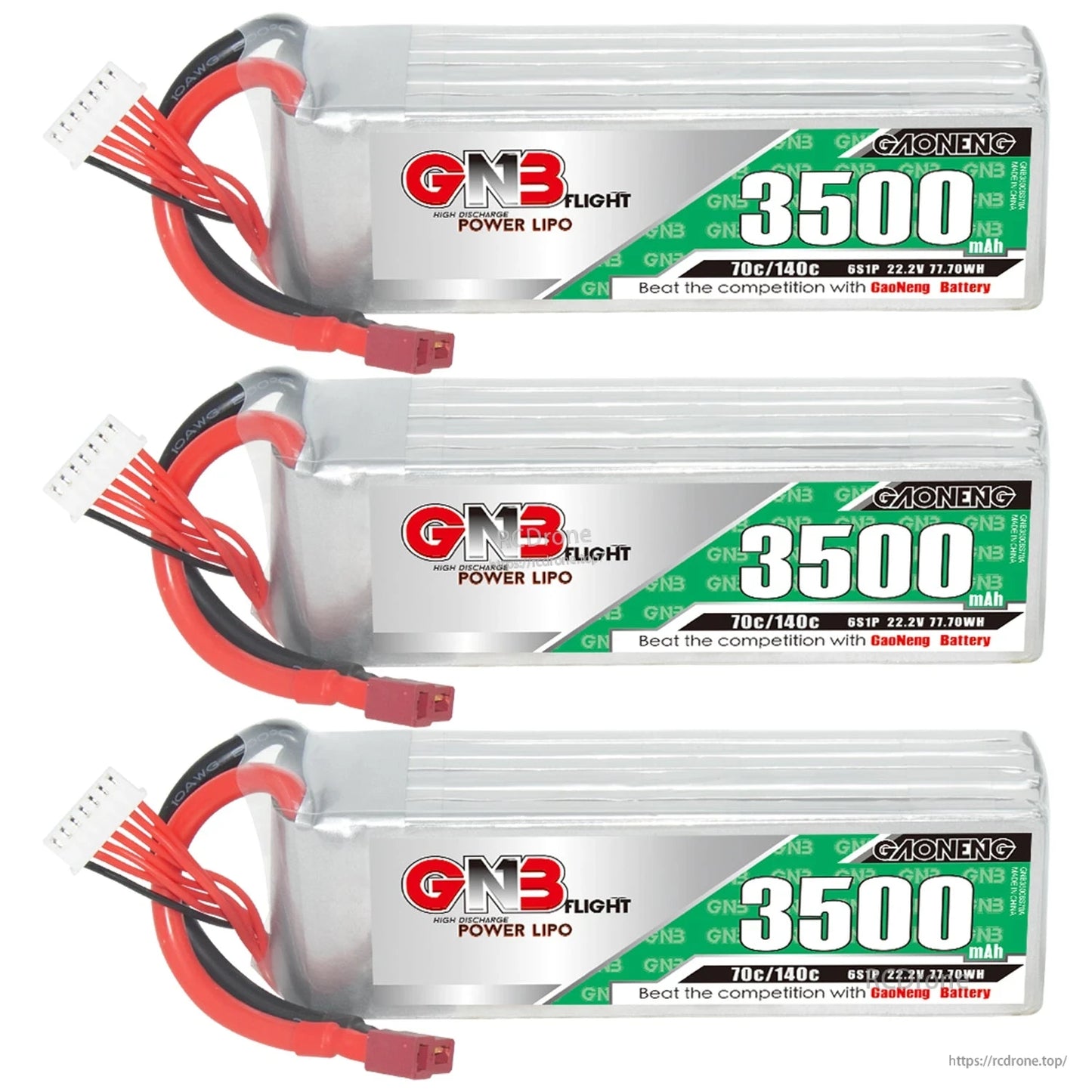 Three GNB 3500mAh LiPo batteries aligned horizontally with balance leads and T-plug connectors