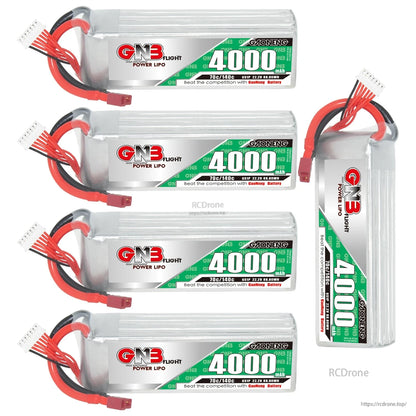 Four GNB 4000mAh LiPo batteries plus one upright pack shown together, highlighting label and leads