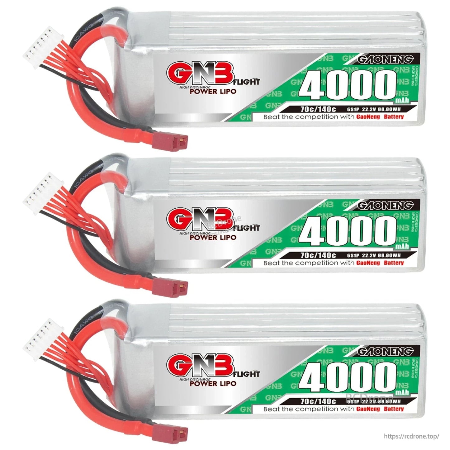 Three GNB 4000mAh LiPo batteries displayed in a row, each with T-plug and 6S balance lead