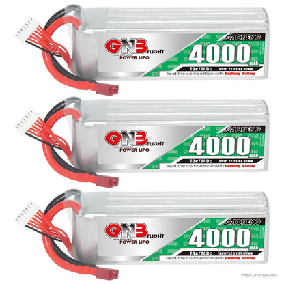 Three GNB 4000mAh LiPo batteries displayed in a row, each with T-plug and 6S balance lead