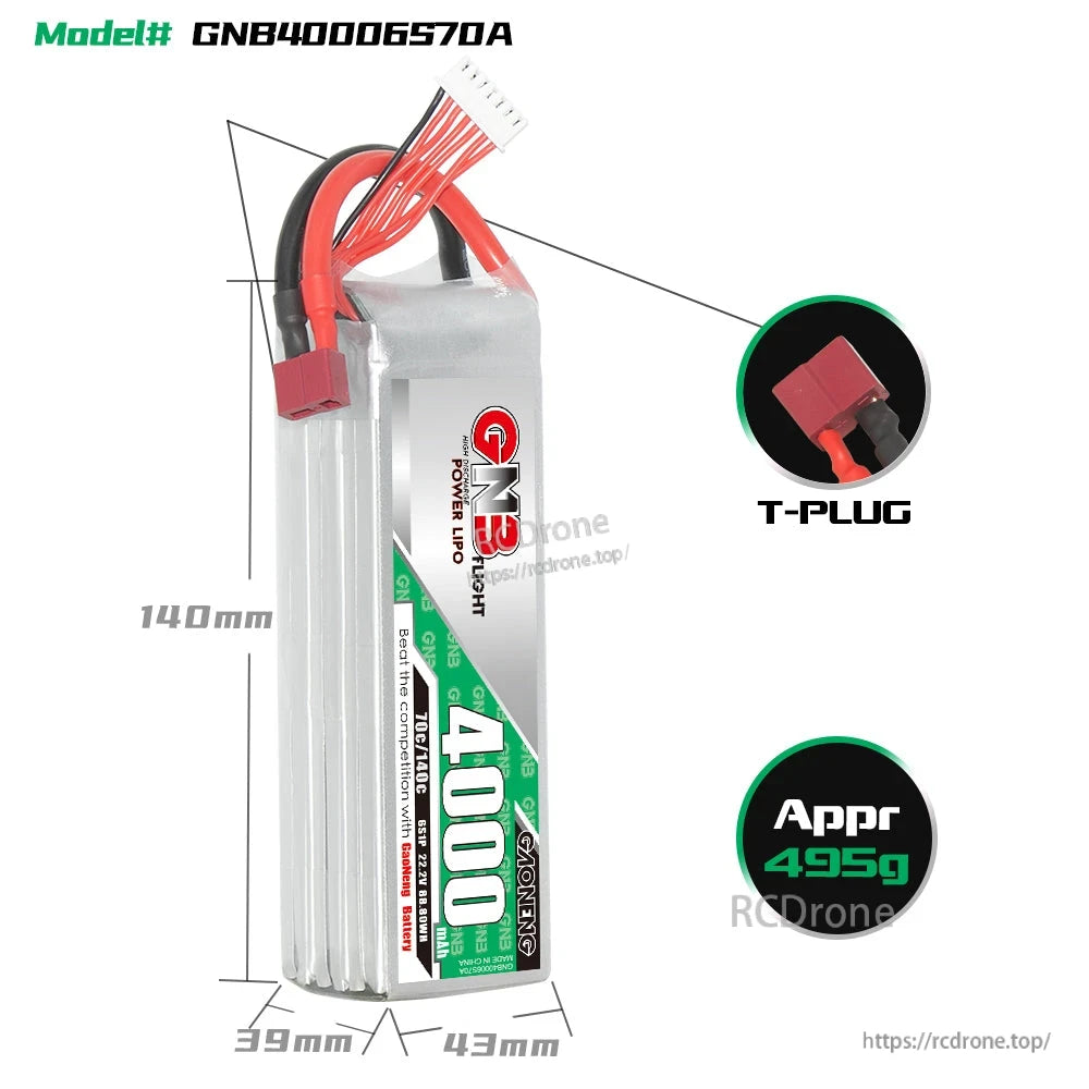 Battery size diagram with dimensions 140mm x 43mm x 39mm, T-plug connector close-up, approx 495g weight