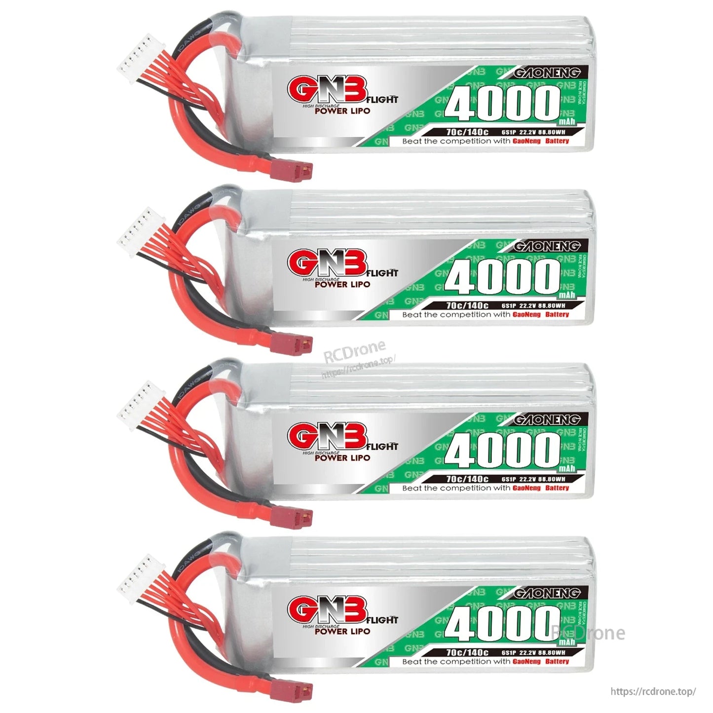 Four GNB 4000mAh LiPo batteries displayed stacked vertically, showing labels and T-plug leads
