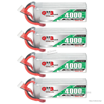 Four GNB 4000mAh LiPo batteries displayed stacked vertically, showing labels and T-plug leads