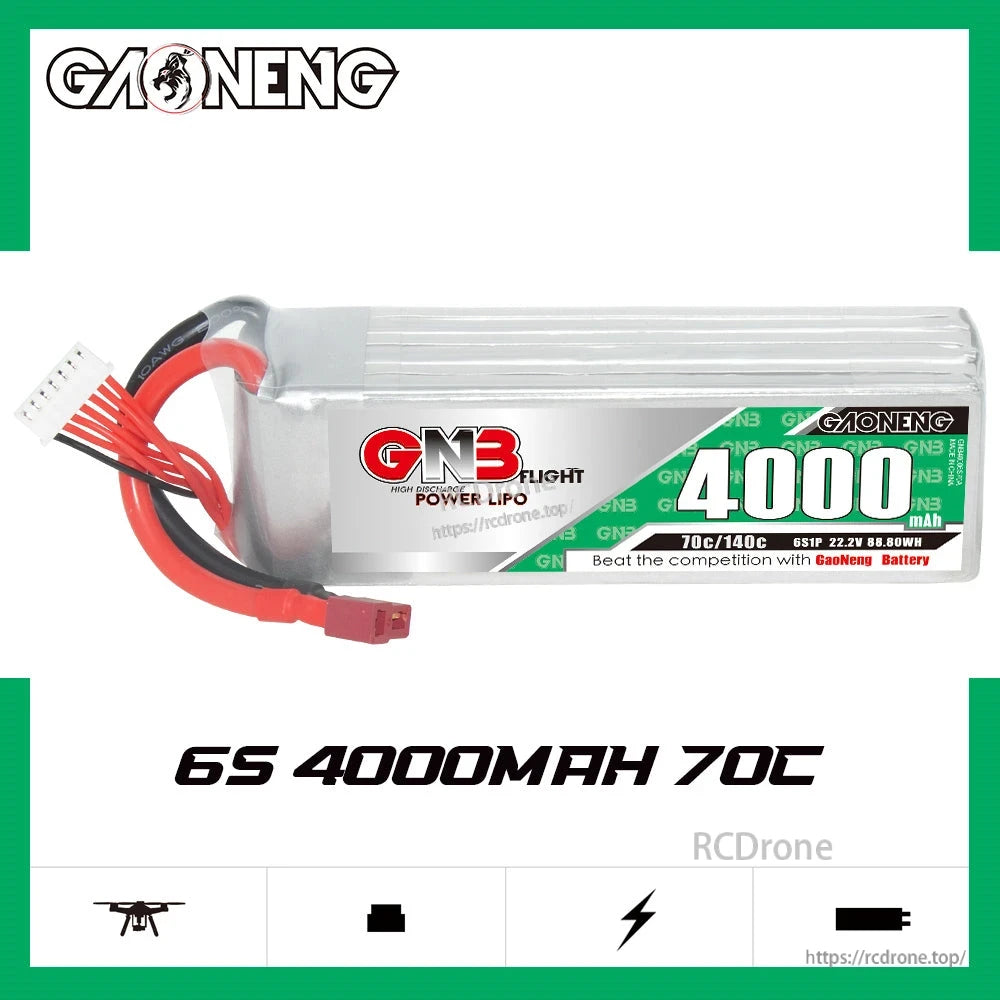 GAONENG GNB 6S 4000mAh 70C LiPo battery label close view showing 70C/140C and 22.2V 88.8Wh text