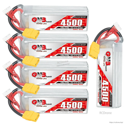 Four horizontal and one upright GNB 4500mAh 6S LiPo batteries shown in group arrangement
