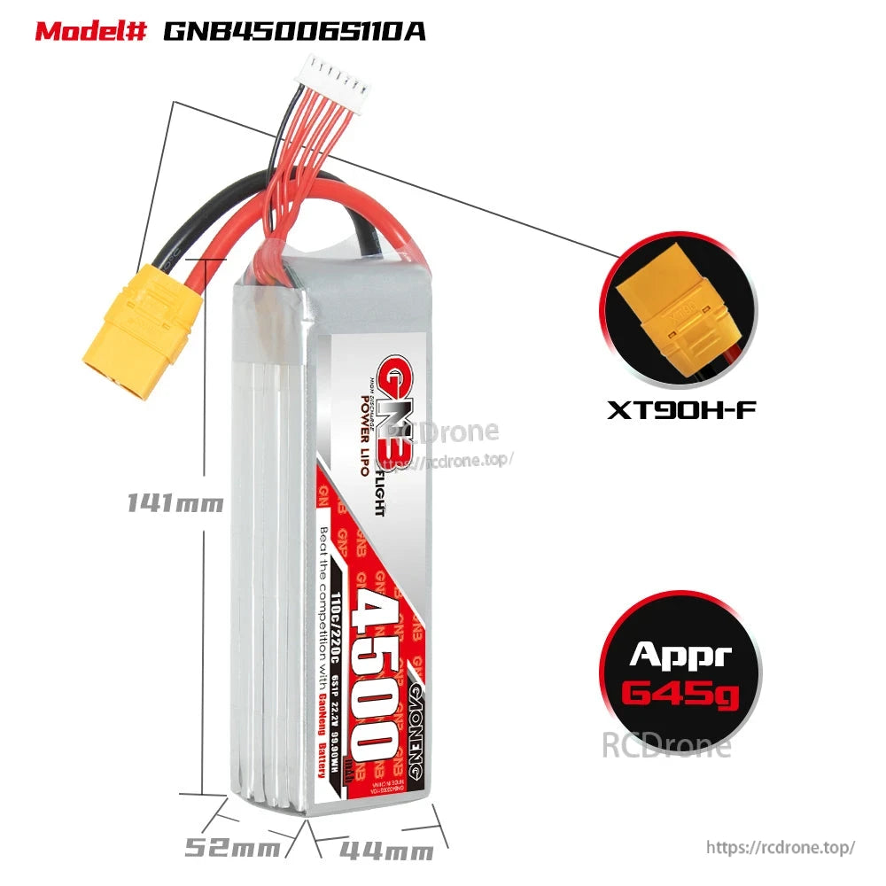 GNB 4500mAh 6S LiPo battery size chart with XT90H-F connector detail and approximate 645 gram weight