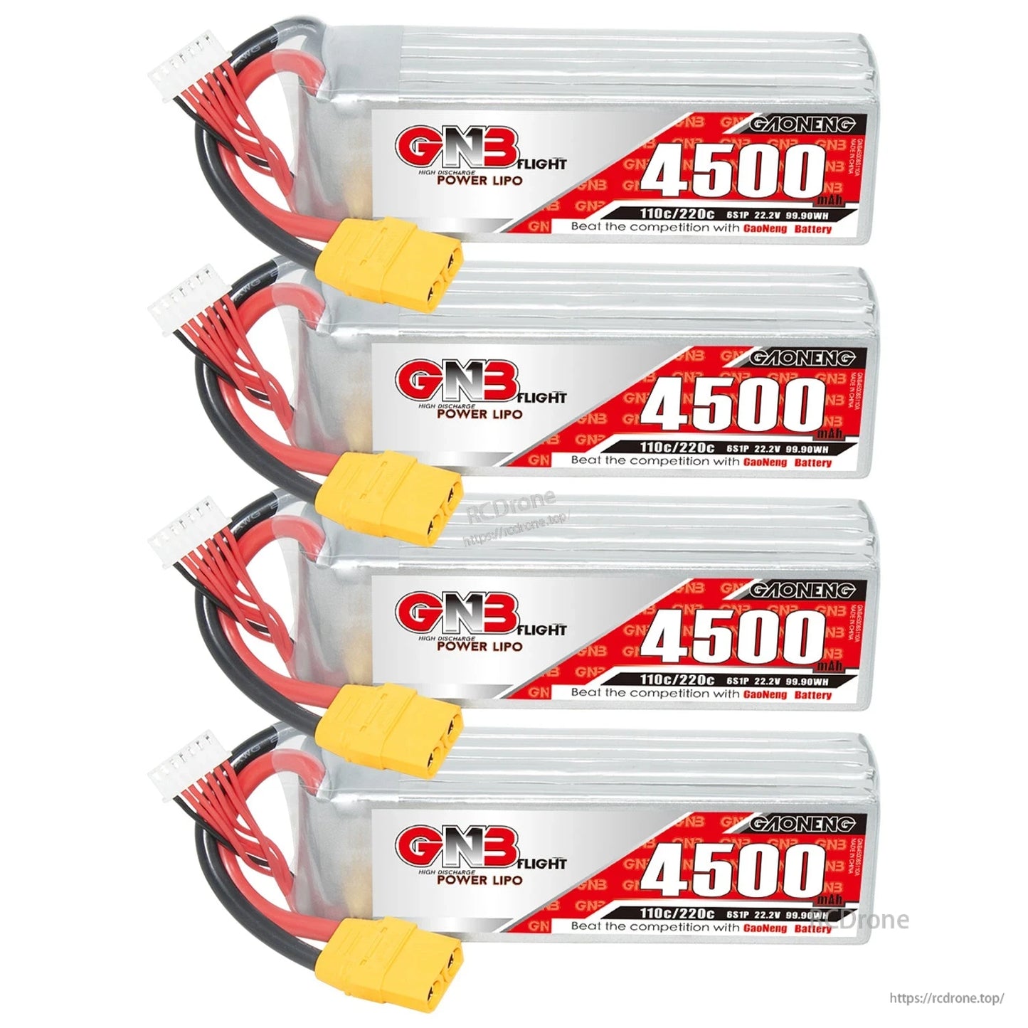 Four GNB 4500mAh 6S LiPo batteries stacked vertically with labels facing forward