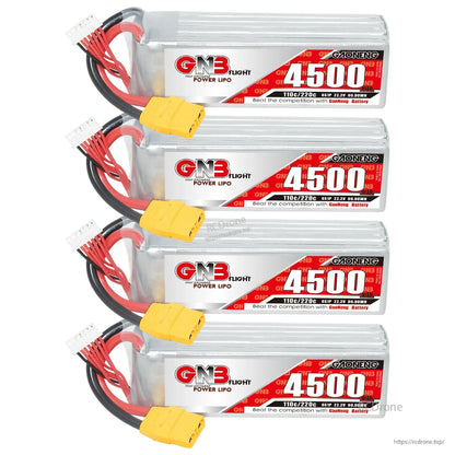 Four GNB 4500mAh 6S LiPo batteries stacked vertically with labels facing forward