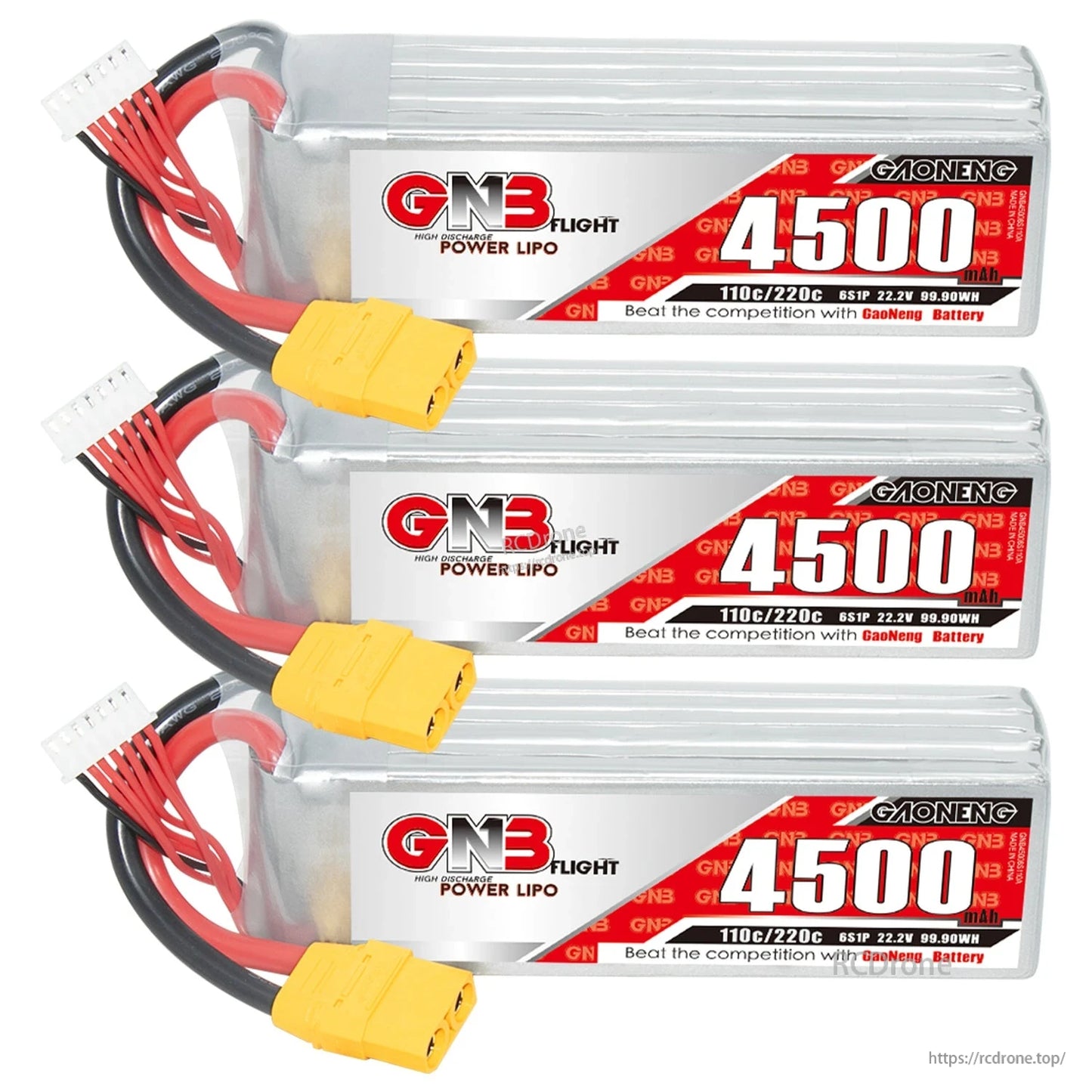 Three GNB 4500mAh 6S LiPo batteries lined up horizontally with XT90 connectors
