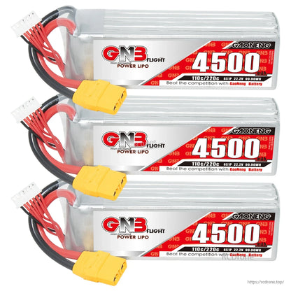 Three GNB 4500mAh 6S LiPo batteries lined up horizontally with XT90 connectors