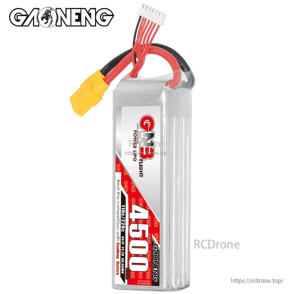 GNB 6S LiPo battery upright front view showing label, balance lead, and XT90 connector