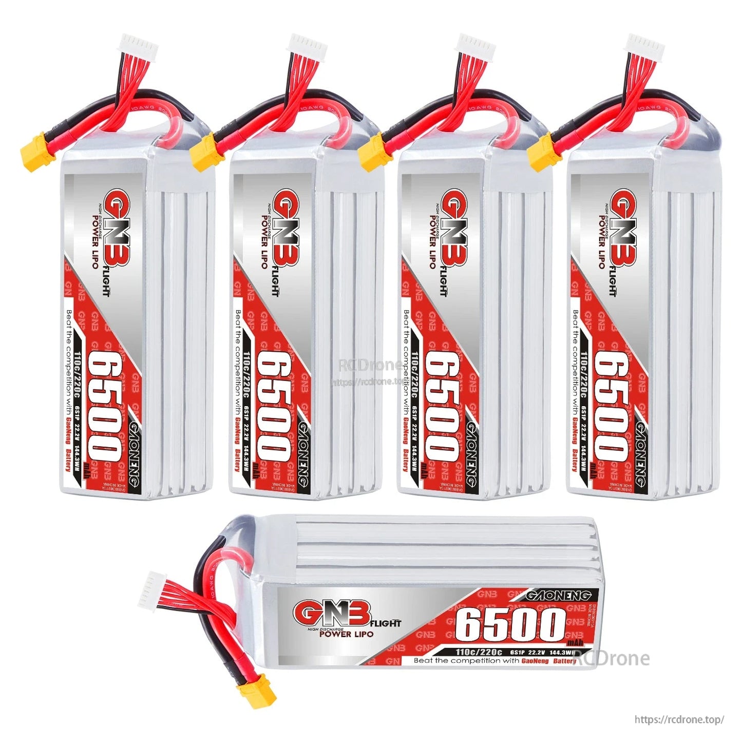 Five GNB 6500mAh batteries shown as bundle: four upright plus one horizontal pack