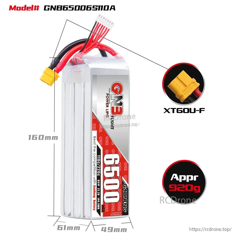 GNB 6500mAh LiPo battery dimensions graphic with XT60U-F connector close-up and approx 920g note