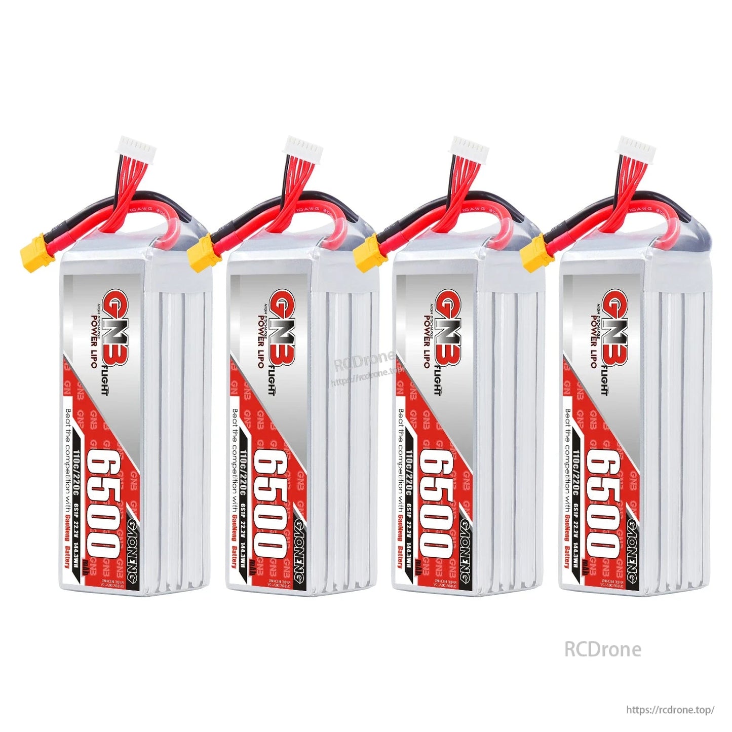 Four GNB 6500mAh LiPo batteries displayed upright as a 4-pack bundle