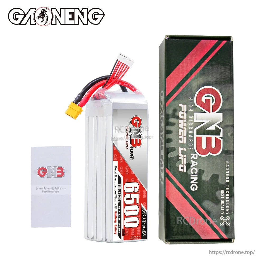 GNB 6500mAh battery shown with retail box and user instructions leaflet (package contents)