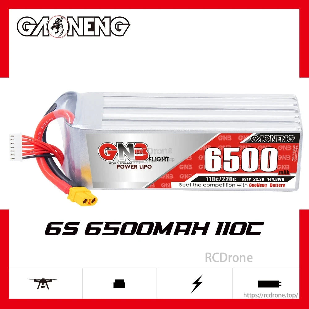GAONENG GNB 6S 6500mAh 110C LiPo Battery product graphic on white background, side profile view