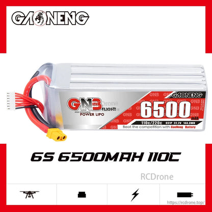 GAONENG GNB 6S 6500mAh 110C LiPo Battery product graphic on white background, side profile view
