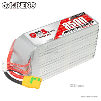 Angled side view of GNB 8500mAh LiPo pack showing balance lead and yellow XT90-style connector